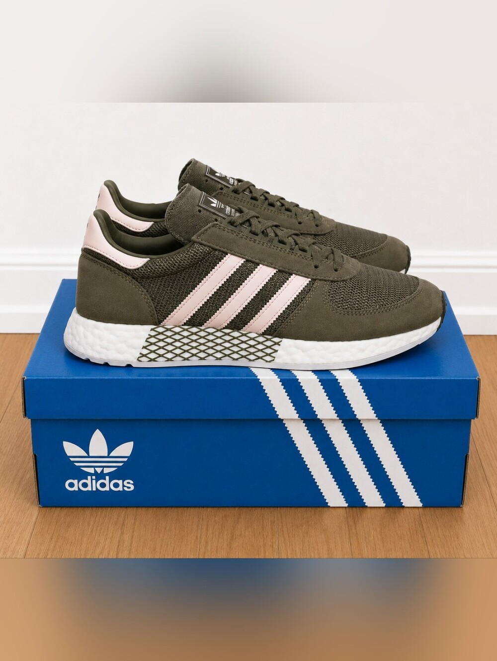 Women's Adidas Marathon Tech Olive Green & Pink Retro Runner Sneakers